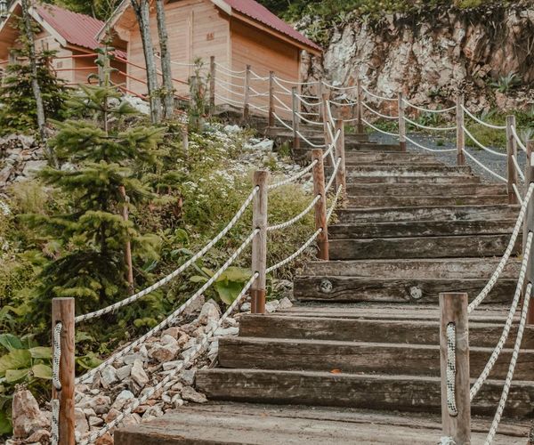 A pathway made of wooden steps going through a green forest.